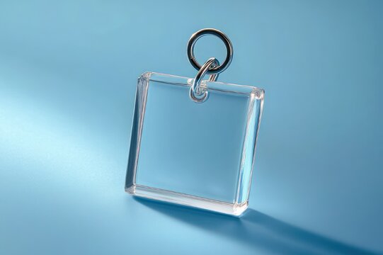 clear square acrylic keychain pendant with silver metal ring on soft blue background, isolated with soft shadow, clean minimalist calm aesthetic