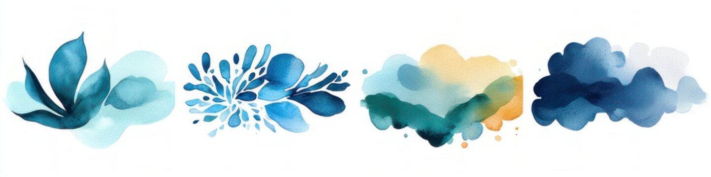 Five watercolor floral and cloud washes: teal leaves, blue petal cluster, blue leafy sprig, green-yellow abstract wash, deep navy cloud, calm and airy mood