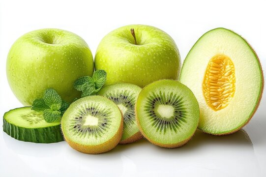 Fresh green fruit still life: green apples, sliced kiwis, a halved melon, cucumber slices and mint leaves on a bright white background, refreshing and crisp