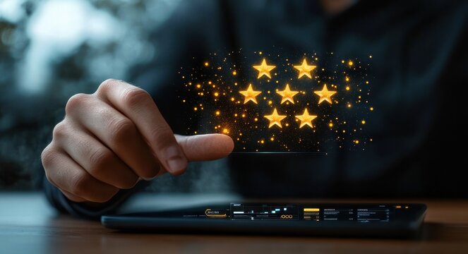 hand touching glowing golden star rating hologram above a smartphone, conveying positive feedback and satisfaction