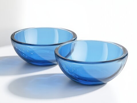 two translucent blue glass bowls on a white surface with soft reflections and serene studio lighting