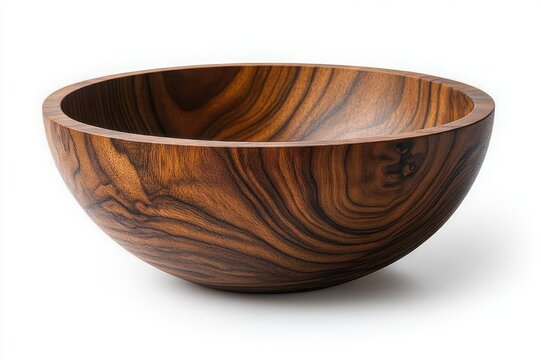 Smooth polished wooden serving bowl with rich swirling grain on white background, warm natural and calming aesthetic