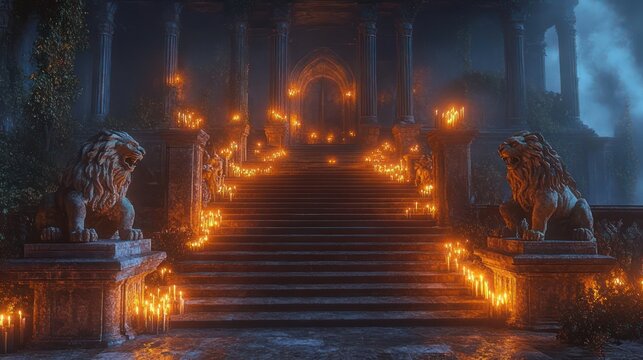 stone staircase lined with glowing candles, flanked by carved lion statues, ascending to a vine-covered arched entrance in misty night with an eerie, reverent atmosphere