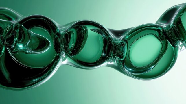 translucent emerald glass bubbles linked in a smooth reflective chain across a soft gradient background, evoking a serene futuristic and fluid abstract mood