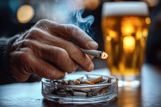 Weathered hand holding a lit cigarette over an ashtray full of butts with smoke curling and a glass of beer in soft focus, evoking tiredness and contemplation