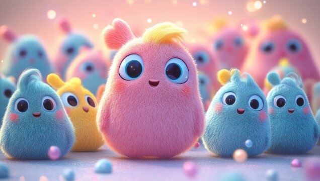 group of pastel fluffy round creatures with big expressive eyes smiling on a sparkly surface, playful joyful and adorable atmosphere