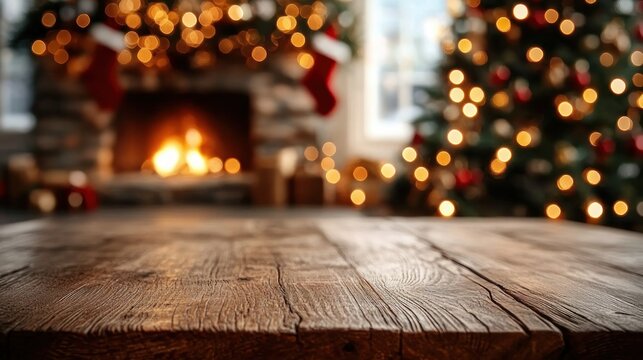 rustic wooden tabletop overlooking a cozy living room with a glowing fireplace, stockings on the mantel and a decorated tree with warm bokeh lights, festive and inviting