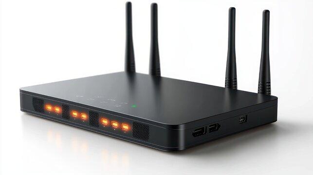 sleek black wireless router with four upright antennas, glowing orange status LEDs, hdmi and usb ports, cooling vents and reflective white surface conveying a modern high-tech futuristic vibe