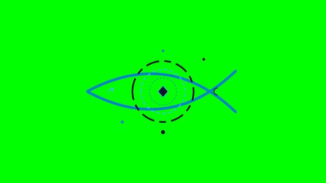 Stylized abstract eye animation featuring blue circular geometric shapes and dark minimalist line art elements on a bright green background