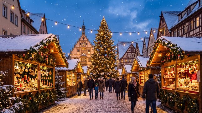 People walking at snowy Christmas market with decorated wooden stalls and huge illuminated tree in German old town at dusk.