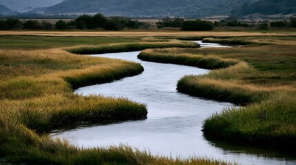 Naklejka premium A winding river flows through golden grasslands under soft daylight surrounded by distant rolling hills and scattered trees