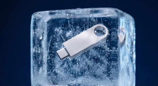 Metal usb flash drive frozen inside solid ice cube represents cold storage data preservation and secure offline information backup
