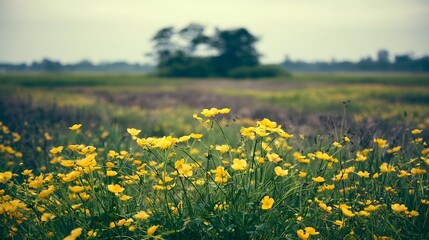 Naklejka premium A field of yellow wildflowers sways gently under soft daylight with blurred trees and open landscape stretching into distance