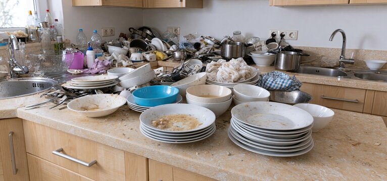 A messy kitchen scene with dirty dishes and disorganized countertops highlighting household clutter.