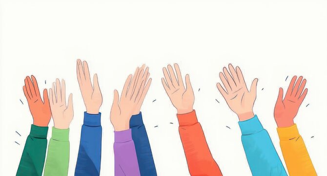 multiple raised hands and arms with colorful sleeves clapping and reaching upward on white background, joyful and celebratory mood