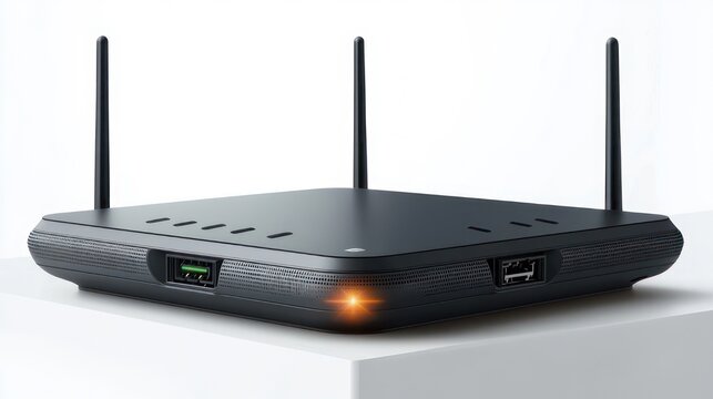 Sleek black wireless router with three external antennas, front USB ports and glowing amber status light on a white pedestal, conveying modern reliability and seamless connectivity