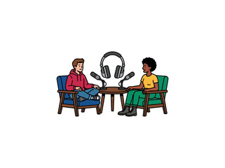 Fototapeta premium Podcast Interview Setup With Two People Sitting In Chairs Microphones And Headphones On A Table In A Cartoon Illustration Vector Illustration