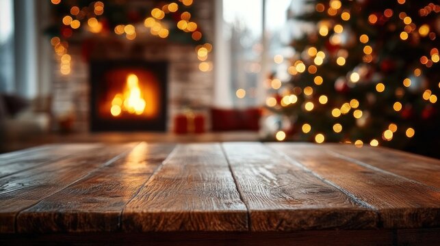 rustic wooden tabletop in cozy living room with glowing fireplace, decorated christmas tree with warm bokeh lights and wrapped gifts evoking festive comfort