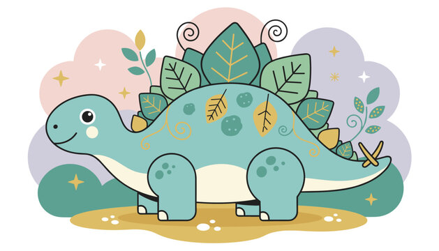 Cute light blue stegosaurus dinosaur with green leaves on its back, standing in a magical land with stars and clouds.