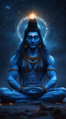 Fototapeta premium blue-skinned meditating figure with long dark hair and layered bead necklaces seated cross-legged on rocky ground with glowing halo and light above head, face obscured, serene mystical mood