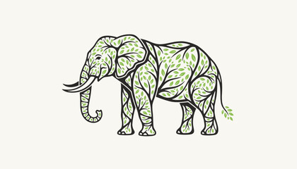 Fototapeta premium Silhouette profile of an elephant elegantly filled with green leaves and branches on a clean white background.