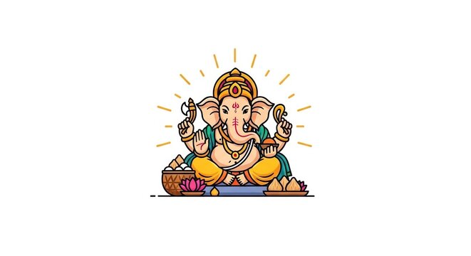 Vector illustration of Lord Ganesha sitting in a meditative pose, adorned with traditional Indian attire, holding modak sweets and a lotus flower during Ganesh Chaturthi celebration.