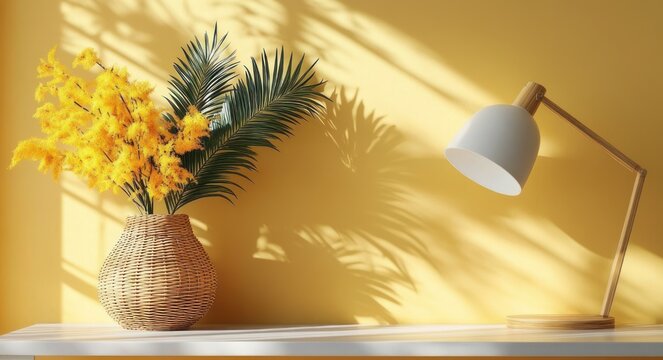 sunlit wicker vase with yellow blossoms and palm fronds on a white shelf beside a wooden-arm white lamp, warm cozy minimal interior