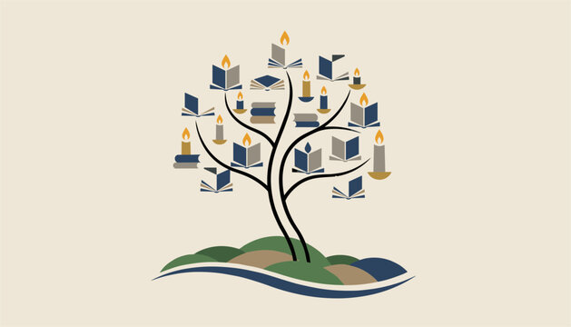 Conceptual illustration of a book tree with open books and burning candles growing from a green hill on a warm beige background.