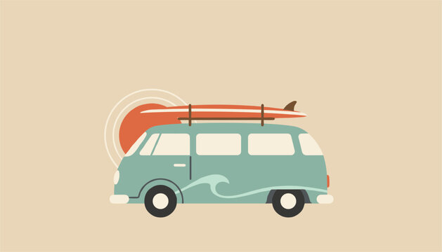 Vintage mint green camper van with a surfboard on its roof parked against a simple retro orange sunset circle.
