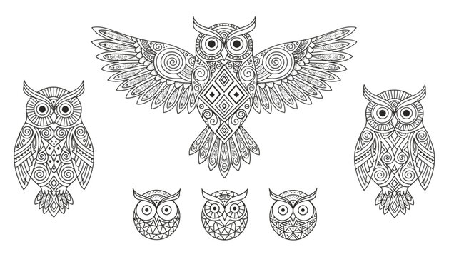 Collection of detailed owl designs in ethnic style with beautiful geometric patterns for adult coloring book pages.