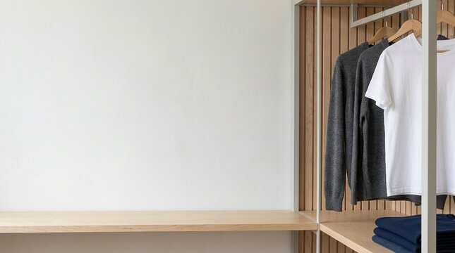 Minimal clothing rack, capsule wardrobe, fashion retail concept with neutral garments in modern room.