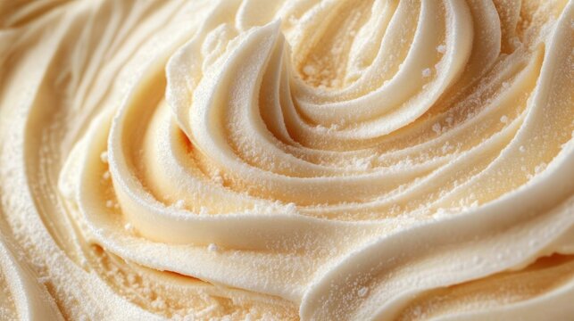 close-up of creamy piped vanilla frosting swirls dusted with fine powdered sugar, smooth indulgent and inviting texture