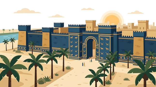 Babylon city walls with palm trees, minimalist flat vector scene