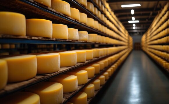 long warehouse aisle lined with rows of round yellow cheese wheels on wooden shelves, calm orderly atmosphere