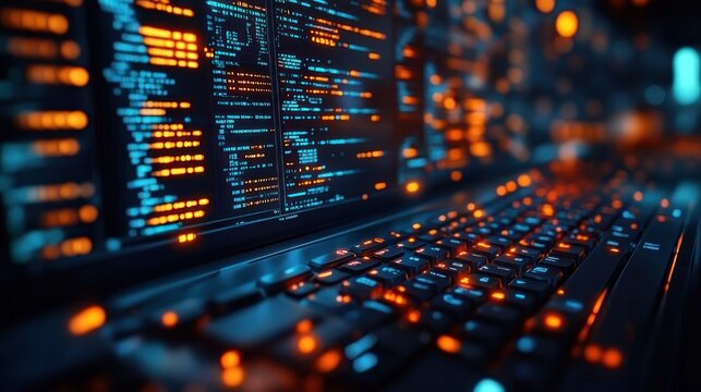 Close-up of illuminated laptop keyboard with glowing blue and orange lines of code on screen, creating a focused, intense high-tech atmosphere