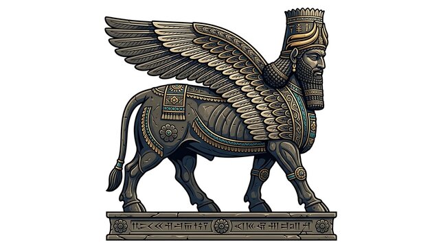 Vector drawing of a guardian statue inspired by a Babylonian winged bull, solitary