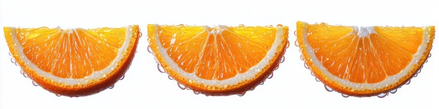 three fresh orange slices in a row with bubbles on the rind on a white background, bright refreshing citrus close-up