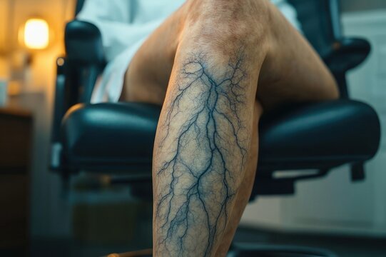 close-up of a seated person's lower leg showing prominent blue varicose spider veins on the shin in a clinical setting conveying discomfort and concern