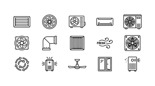 Ventilation Air Conditioning and HVAC System Line Icons Set for Climate Control Website, Apps and Technical Presentations