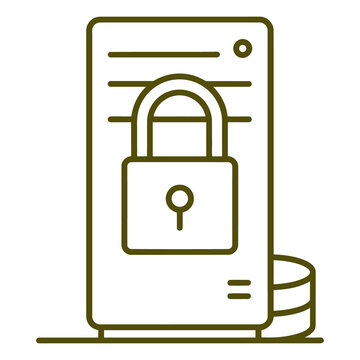 Green line art icon of a secure server tower with a padlock and database storage unit