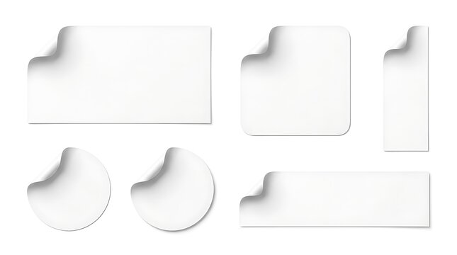 Set of white blank adhesive stickers and labels cutout silhouette mockup with adhesive template isolated rectangle branding collection business commercial promotion discount stationery