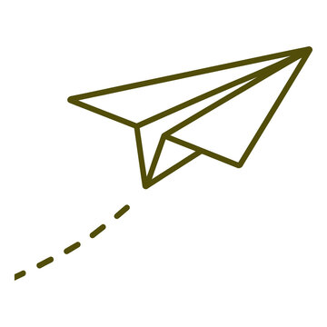 Simple paper airplane icon with a dashed flight path line in a minimalist flat graphic style