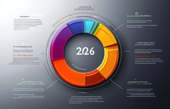 3d multicolored segmented donut chart infographic with central number 226, labeled callouts and text boxes on a dark gradient background conveying a modern analytical professional mood