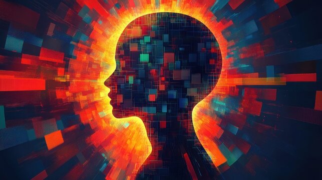 Silhouette of a human head filled with glowing multicolored digital squares and pixels, surrounded by a radiant fiery halo and streaming geometric light conveying energetic futuristic insight