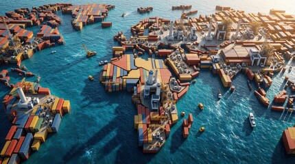 Fototapeta premium Global logistics network shows shipping containers shaped like world map on blue ocean. Massive cargo vessels, industrial plants connect continents through sea trade. Automated supply chain hub