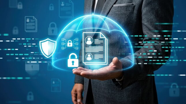 Cybersecurity, document protection, digital identity concept with business person holding secure data interface.