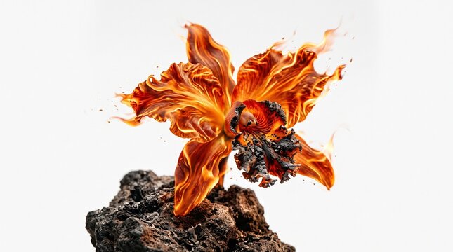 Flame Burning from Charred Wood Like a Fiery Flower