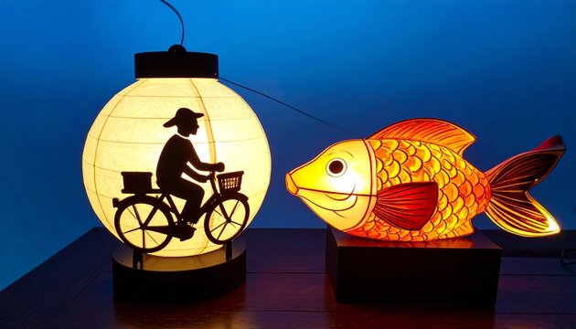 Decorative Lanterns Bicycle and Fish Design Illustration