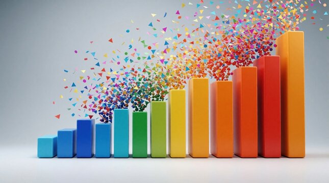 Colorful bar chart shows positive progress with exploding confetti. Upward trend indicates success and growth, celebrating achievements in data analysis and business.