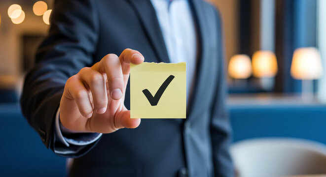 Task completion confirmed with a check mark on a sticky note held by a businessman, practical symbol for checklist progress project tracking decision approval and organized daily planning